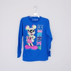 Mickey Neon Print Long Sleeve Blue T Shirt Size Medium Cool 90s Vibes Neon